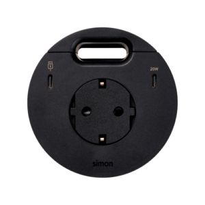 Meblowe gniazdo zasilające z uziemieniem (Schuko) z ładowarką USB-C 20W, portem USB-C DATA i przepustem kablowym – stacja dokująca 1x HDMI + LAN + 3x USB-A w zestawie, Simon 400 Flash 90, IP20, 16A, czarny, Wym. montażowe: Ø80mm