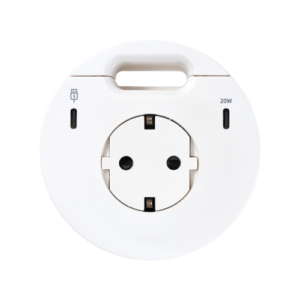 Meblowe gniazdo zasilające z uziemieniem (Schuko) z ładowarką USB-C 20W, portem USB-C DATA i przepustem kablowym – stacja dokująca 2x HDMI + LAN + 3x USB-A w zestawie, Simon 400 Flash 90, IP20, 16A, biały, Wym. montażowe: Ø80mm