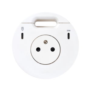 Meblowe gniazdo zasilające z uziemieniem (bolec uziemiający) z ładowarką USB-C 20W, portem USB-C DATA i przepustem kablowym – stacja dokująca 2x HDMI + LAN + 3x USB-A w zestawie, Simon 400 Flash 90, IP20, 16A, biały, Wym. montażowe: Ø80mm