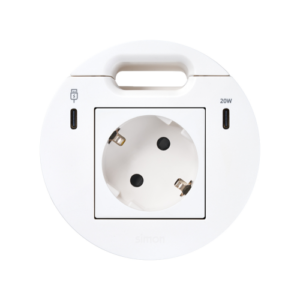 Meblowe gniazdo zasilające z uziemieniem (Schuko) z ładowarką USB-C 20W, portem USB-C DATA i przepustem kablowym – stacja dokująca 1x HDMI + LAN + 3x USB-A w zestawie, Simon 400 Flash 90, IP20, 16A, biały, Wym. montażowe: Ø80mm