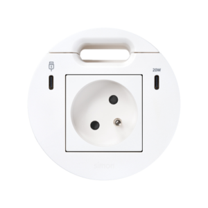 Meblowe gniazdo zasilające z uziemieniem (bolec uziemiający) z ładowarką USB-C 20W, portem USB-C DATA i przepustem kablowym – stacja dokująca 1x HDMI + LAN + 3x USB-A w zestawie, Simon 400 Flash 90, IP20, 16A, biały, Wym. montażowe: Ø80mm